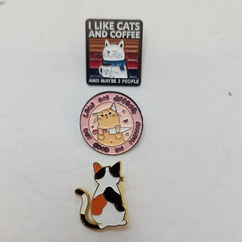 Low On Spoons Cat Enamel Pin Set Coffee Cats Cute Calico Retro Pins